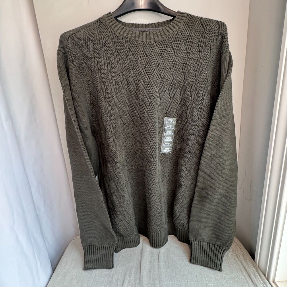 St Johns Bay Mens Sweater L Green Grey Crew Neck Cotton Knit NWT